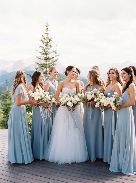 White Wedding Centerpieces, Light Blue Bridesmaid, Mira Zwillinger, Blue Bride, Wedding Bridesmaids Dresses Blue, Gala Dress, Light Blue Wedding, Blue Themed Wedding, Aspen Colorado