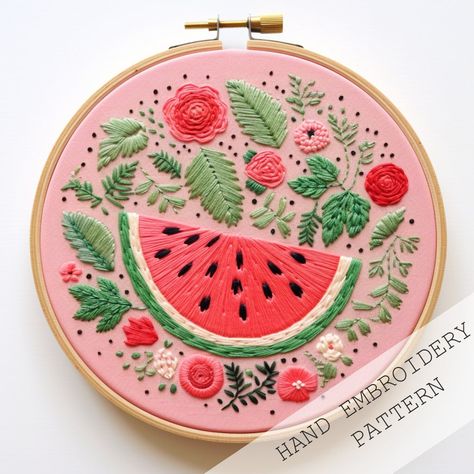 Watermelon Embroidery PDF Pattern Download, Cute Fruit Decor, Watermelon Embroidery PDF Design, Farm Embroidery Design, Cute Kitchen Decor - Etsy Embroidery Fruits And Vegetables, Summer Embroidery Designs, Fruits Embroidery, Modern Embroidery Patterns, Cake Embroidery, Watermelon Embroidery, Farm Embroidery, Fruit Embroidery, Cute Kitchen Decor