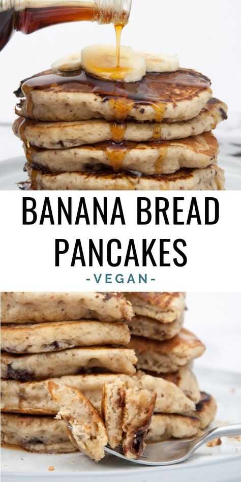 Vegan Banana Bread Pancakes with chocolate chunks. You'll never have to decide between banana bread and pancakes again! | ElephantasticVegan.com #vegan #banana #pancakes #breakfast #sweet #pancakesunday Vegan Recipe Videos, Banana Bread Breakfast, Burrito Vegan, Fluffy Banana Pancakes, Banana Bread Pancakes, Bread Pancakes, Vegan Banana Pancakes, Banana Pancake, Pancakes Breakfast