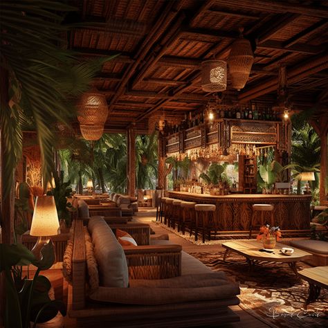 Jungle Restaurant Design, Balinese Restaurant Design, Hawaiian Restaurant Interior, Earthy Restaurant Design, Forest Restaurant Design, Bohemian Restaurant Interior Design, Bohemian Style Restaurant, Tropical Restaurant Design, Tropical Bar Design