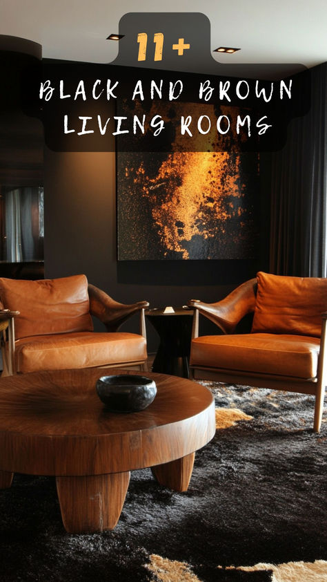 Looking for a cozy yet chic update? Check out these 11 stunning black and brown living room ideas that'll transform your space! 🛋️🖤 #LivingRoomInspo #HomeDecor #ChicInteriors #CozyLiving #RoomTransformation Copper And Black Living Room, Black Wood And Grey Living Room, Black And Tan Living Room Ideas, Cognac Sofa Living Room Ideas, Black And Tan Room, Gray And Cognac Living Room, Black And Tan Living Room Decor, Black And Brown Living Room Ideas, Masculine Living Room Apartment