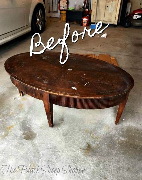 This dark and dingy thrift store coffee table is just begging for a makeover. Coffee Table Before And After Diy, Diy Coffee Table Refurbish, Coffee Table Chalk Paint Makeover, Thrift Store Coffee Table Makeover, Redoing Coffee Tables, Chalk Painted Coffee Tables, Refinish Coffee Table Diy, Vintage Coffee Table Makeover, Refinishing Coffee Table Ideas