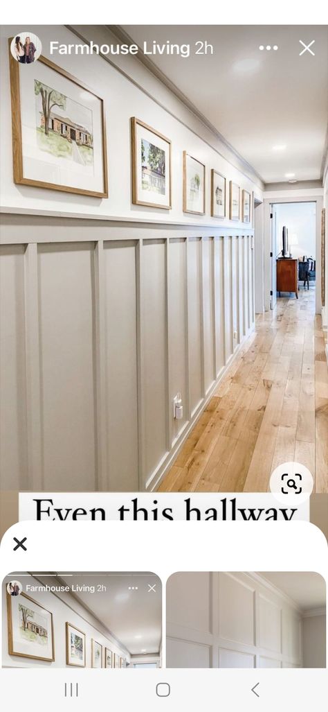 Pictures On Wainscoting, Picture Ledge Wainscoting, Wainscoting On Angled Wall, Tall Wainscoting Entryway, Board And Batten Wall With Chair Rail, Hallway Wayne’s Coating, Add Character To Hallway, Front Hall Board And Batten, White Walls And Beige Trim