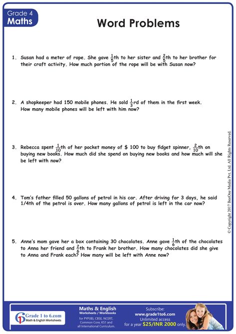 Fractions Word Problems | Grade1to6.com Fractions Worksheets Grade 4, Dividing Fractions Word Problems, Fractions Word Problems, Math Key Words, Maths Tricks, Problem Solving Worksheet, Math Fact Worksheets, Fraction Word Problems, 4th Grade Math Worksheets