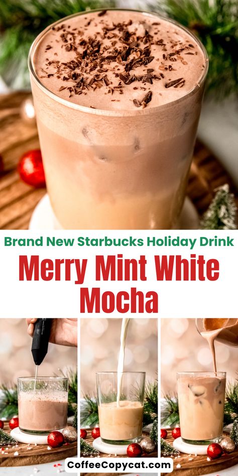 Enjoy this Starbucks surprise holiday drink, The Merry Mint White Mocha at home! This decadent Starbucks drink is a rich, creamy iced white chocolate mocha, topped with a swirl of peppermint chocolate cream cold foam. My homemade version is the perfect copycat recipe of this Starbucks holiday favorite - it's creamy, minty, and utterly delicious. Perfect for those chilly days. Click for the full recipe. #starbucksholidaydrink #winterstarbucksdrink Starbucks White Mocha Recipe, Chocolate Cream Cold Foam, White Mocha Recipe, Iced White Chocolate Mocha, White Chocolate Syrup, Iced White Mocha, Starbucks Peppermint Mocha, Cream Cold Foam, Starbucks Holiday Drinks