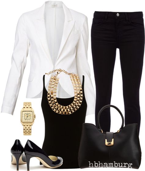 "No. 143 - Gold/Black/White" by hbhamburg ❤ liked on Polyvore Ssense Fashion, Casual Chique, Elegante Casual, Mode Chic, Professional Attire, Red Lip, Looks Chic, Blazer Outfits, Gold Accessories