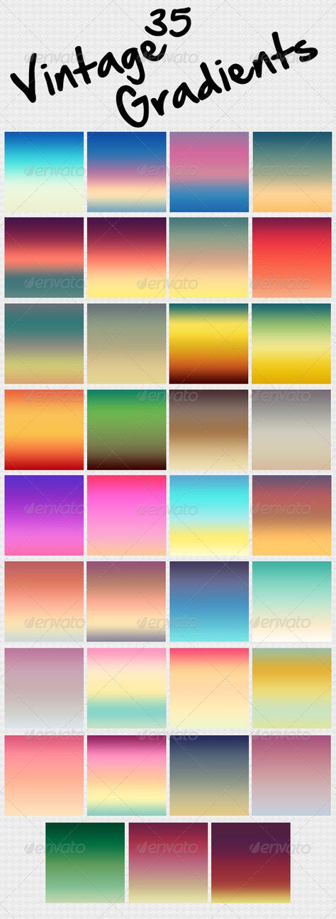 35 Vintage Gradients  #GraphicRiver         35 vintage color gradients useful for background design,for styles,and more,different mixtures of instagram color tones ,useful for retro designs,easy to load ,open gradient tool and click load thats it.i hope you like pls dont forget to rate     Created: 6June13 Add-onFilesIncluded: PhotoshopGRD MinimumAdobeCSVersion: CS Tags: action #background #black #blue #color #colorful #elegant #gradient #green #instagram #orange #pink #purple #red #retro #style Easy Background Painting, Action Background, Green Instagram, Color Gradients, Color Palette Challenge, Red Retro, Gradient Design, Color Gradient, Background Black