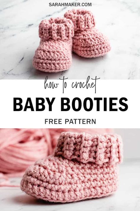 Free Pattern to make Classic Crochet Baby Booties with a Ribbed Cuff you can fold down to make baby shoes that actually stay on! Crochet Baby Booties Free Pattern, Baby Shoes Diy Pattern, Crochet Baby Socks, Baby Booties Free Pattern, Baby Shoes Diy, Baby Bootie, Crochet Baby Booties Pattern, Crochet Baby Boots, Crochet Baby Shoes Pattern