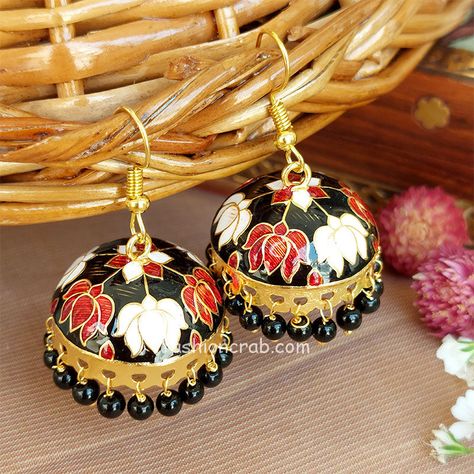 Meenakari Jaipuri Jhumka Earrings – Black Black Jhumka, Dress Anarkali, Lehenga Dress, Meenakari Earrings, Suit For Wedding, Bold Statement Jewelry, Anarkali Salwar, Saree Lehenga, Fancy Jewellery Designs