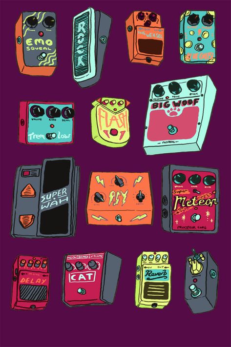 Guitar Pedals Illustrated by Kitt Byrne  #illustrated #illustration #cool #cute #guitar #pedals #guitarpedal #music #rock #fuzz #effects #fx #pattern Guitar Pedals Aesthetic, Guitar Pedal Art, Rock Music Illustration, Music Design Ideas, Electric Guitar Illustration, Rock Music Art, Rock Illustration, Guitar Poster, Fuzz Pedal