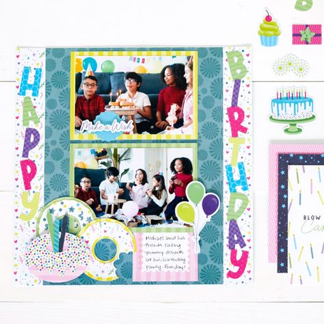 Enjoy A Sweet Slice Of Life By Treating Yourself To This Birthday Scrapbook Layout Birthday Scrapbook Layouts, Ice Cream Sundaes, Treating Yourself, Creative Memories Scrapbooking, Cheesecake Cupcakes, Happy Birthday Lettering, Birthday Scrapbook, Pink Donuts, Baby Stickers