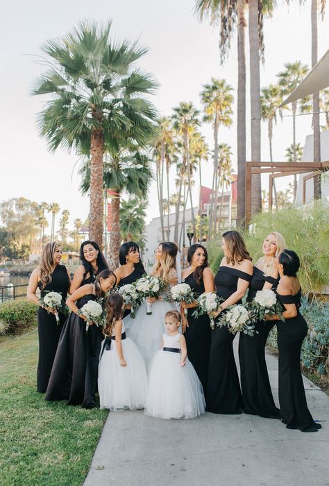 Mismatched black bridesmaid wedding dresses | A Black And White Sophisticated Wedding That Checks All Our Boxes - Nichanh Nicole Photos Black White Gold Bridesmaid Dress, All Black Affair Wedding, Black N White Wedding Ideas, Black Blue And White Wedding, Black White And Blue Wedding, Black And White Wedding Attire, Black Bridesmaid Wedding, Black And White Bridesmaid Dresses, Black And White Wedding Aesthetic