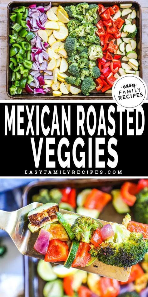 The BEST Mexican Roasted Vegetables · Easy Family Recipes Mexican Vegetables, Easy Roasted Vegetables, Mexican Side Dishes, Easy Family Recipes, Healthy Mexican, Healthy Side Dish, Healthy Side, Veggie Side Dishes, Easy Family Meals