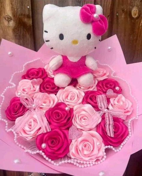 Ribbon Rose Bouquets, Roses Bouquet Gift, Ribbon Flowers Bouquet, Pink Wallpaper Hello Kitty, Fake Flower Bouquet, Hello Kitty Gifts, Quince Decorations, Flower Gift Ideas, Cartoon Flowers