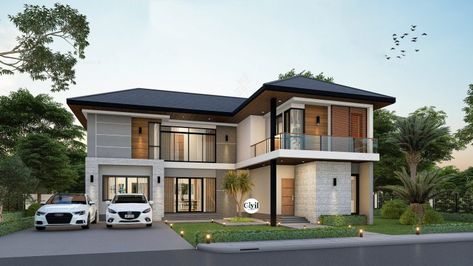 Modern L-shaped House Design Width 4-Bedrooms | Engineering Discoveries L Shaped House Design, L Shaped Houses Exterior, Tropical House Plans, L Shaped House Plans, Double Story House, L Shaped House, House Roof Design, Modern Small House Design, House Design Exterior