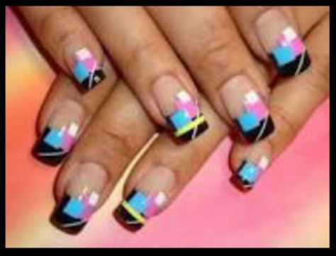 Baby blue yellow pink black nail design ideas 80s Nails, Airbrush Nail Art, Animal Print Nails Art, Kiss Nails, Airbrush Nails, Nail Art Techniques, Different Nail Designs, Geometric Nail, Latest Nail Art