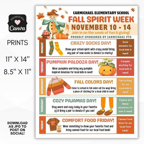 October Spirit Week Ideas, Thanksgiving Spirit Week, Fall Spirit Week, Middle School Dance Themes, Spirit Week Flyer, Holiday Spirit Week, Working Thanksgiving, Spirit Week Ideas, School Dance Themes