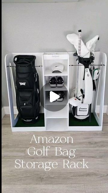 Carmen Valencia🦋 on Instagram: "With the temperature rising here in California☀️ I needed a place to store and display our new golf bags inside. Found this wood storage rack on Amazon for a good price. 💸 It comes in 3 different colors.   DM me for amazon link 😁🥰 not paid sponsorship 😅  #amazonfinds #golfaddict #golforganizer #golfgagets #golf #golfstorage #toohot #golfseason #girlsgolf #girlgolf #womengolf" Golf Bag Rack Diy, Golf Storage In Garage, Golf Storage Ideas, Golf Bag Storage Diy, Golf Closet, Golf Organizer, Golf Bag Storage, Golf Storage, Wood Storage Rack