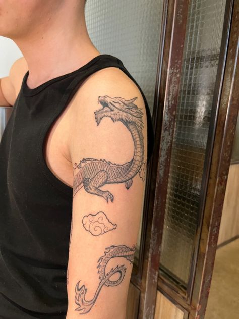 #dragon #tattoo Dragon Tattoo Bicep, Dragon Tattoo Ankle, Dragon Tattoo Placement, Dragon Tattoo Wrapped Around Arm, Dragon Tattoo Leg, Tricep Tattoos, Dragon Tattoo Arm, Balance Tattoo, Around Arm Tattoo