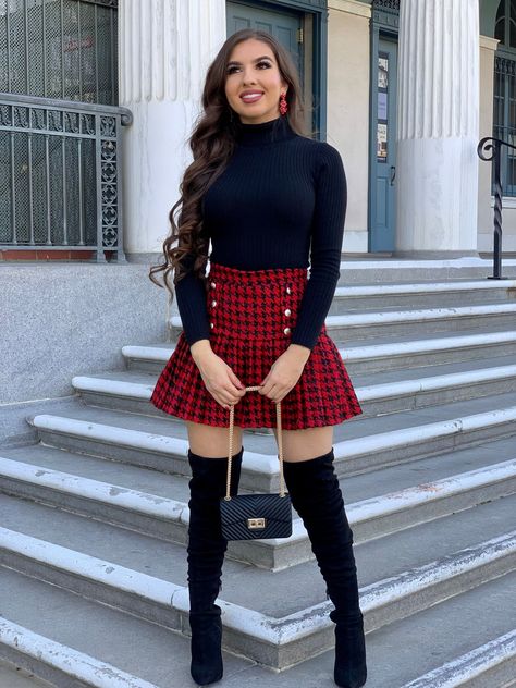 Blue Plaid Mini Skirt Outfit, Red Dress With Black Boots, Red Plaid Skirt Outfit Winter, Red Plaid Scarf Outfit, Red Top Black Skirt Outfit, Red Top Black Skirt, Red Plaid Skirt Outfit, Plaid Mini Skirt Outfit, Red Skirt Outfit