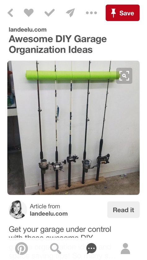 Diy Fishing Rod Holder, Garage Hacks, Fishing Pole Storage, Diy Fishing Rod, Fishing Storage, Fishing Rod Storage, Fishing Rod Rack, Shed Organization, Garage Organization Diy