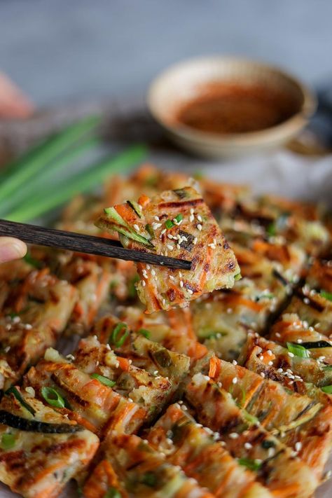 Yachaejeon - Korean Vegetable Pancakes | Pick Up Limes Korean Pancake Sauce, Yachaejeon Recipe, Korean Sides, Korean Vegetable Pancakes, Vegetable Pancake, Korean Vegetables, Korean Pancake, Vegetable Pancakes, Vegetable Spring Rolls