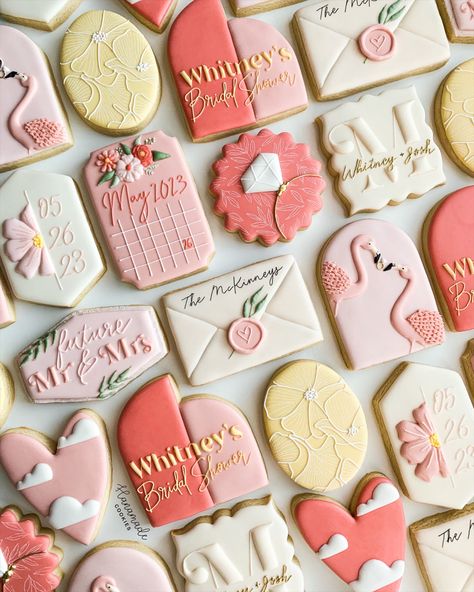 This was a super unique set- both the bride and groom are meteorologists, they got engaged by the flamingos at the zoo, and they wanted some florals to go with the vibe of the bridal shower! How’d I do? Brooke Cookies, Envelope Cookies, Royal Icing Recipes, Fondant Biscuits, Bride Cookies, Designer Cookies, Bachelorette Cookies, Engagement Cookies, Bridal Cookies