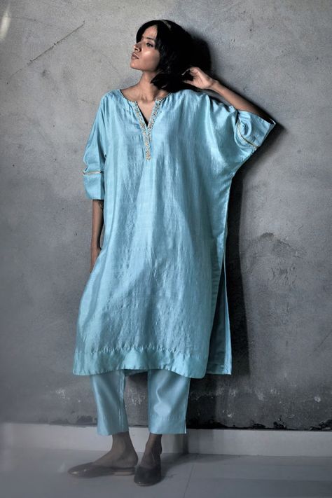 Buy Shorshe Clothing Blue Silk Kaftan Kurta And Chanderi Pant Set Online | Aza Fashions Kaftan Kurta Design, Pakistani Kaftan Suits, Kaftan Kurta Set, Kaftan Patterns, Shorshe Clothing, Shirt Stitching, Royal Wardrobe, Kaftan Design, Kaftan Kurta