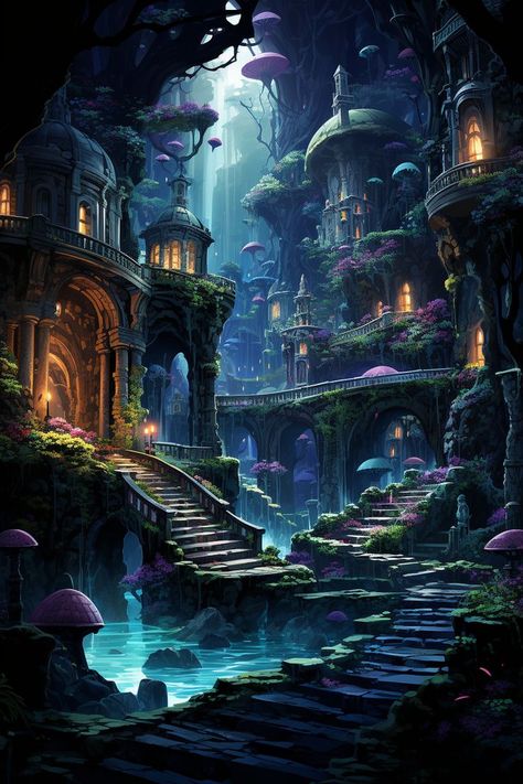 Whimsical Architecture, Mystical Beings, Wallpaper Fantasy, Landscape Digital Art, Fantasy Cottage, Underground City, Fantasy Wallpaper, Alternate Reality, Underwater City