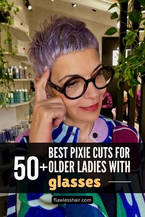 Funky Colored Pixie Cut For Older Ladies With Glasses Pixie Haircut Color, Funky Pixie Cut, Funky Haircuts, Short Messy Haircuts, Pixie Hair Color, Bangs Cut, Messy Pixie Haircut, Hairstyles Layered, Hottest Hairstyles