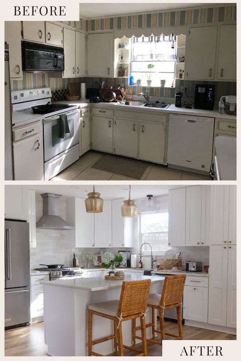 My Kitchen Remodel — Style with Hannah London Zellige Tile Backsplash, 70’s Kitchen, Rattan Texture, White Kitchen Renovation, Cabinets To Go, 70s Kitchen, Countertops White, White Shaker Cabinets, Kitchen Remodel Before And After