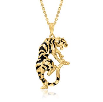 Ross-Simons - Black Enamel Tiger Pendant Necklace in Gold Over Sterling. 18". Equally ferocious and fabulous, this tiger pendant necklace roars in 18kt yellow gold over sterling silver with black enamel stripes. Features a black spinel-accented eye. Suspends from a cable chain with a 2" extender. Springring clasp, black enamel tiger pendant. Tiger Ring, Tiger Jewelry, Semi Precious Necklace, Tiger Necklace, Men Chain, Tiger Pendant, Detailed Necklace, Precious Gemstones Jewelry, Fine Jewelery