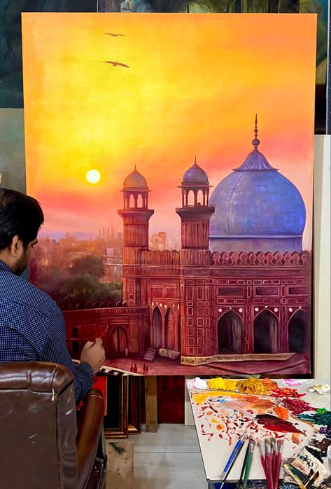 Oil painting Badshahi Mosque Painting, Mosque Painting Islamic Art, Masjid Painting, Cultural Drawing, Mosque Painting, Art Gallery Aesthetic, Badshahi Mosque, Fold Towels, Canvas Art Painting Acrylic