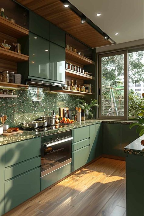 15 Green and Wood Kitchen Design Tips | Green Snooze Green Kitchen Aesthetic Modern, Eco Friendly Kitchen Ideas, Nature Friendly Homes, Earthy Interior Design Kitchen, Kitchen Green Ideas, Jade Countertops Kitchen, Eco Kitchen Design, Cozy Green Kitchen, Green Wood Aesthetic