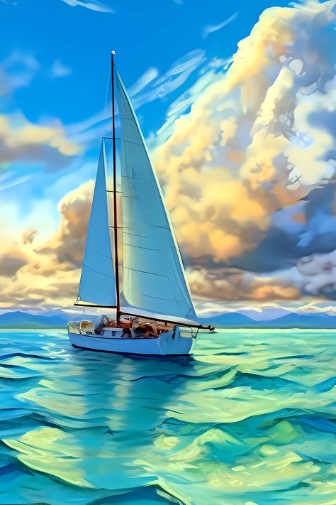 Watercolor Sea Landscape, Canvas Painting Ideas Body Art, Beautiful Sailboats, Sail Boat Art, Boat Painting Acrylic, Beginner Painting On Canvas, Sailing Painting, Dolphin Painting, Fall Canvas Painting