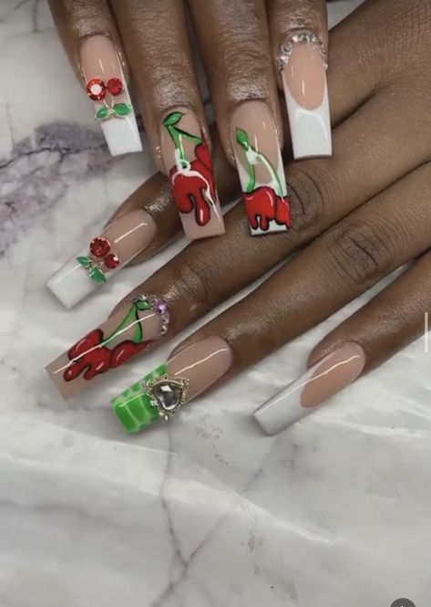 Red nails, green nails , white nails , rhinestones,nail ornaments, long nails , medium nails ,nail art White Nails Rhinestones, Nails Rhinestones, Medium Nails, Nails Green, Nails White, Nails Medium, Green Gems, Rhinestone Nails, Green Nails