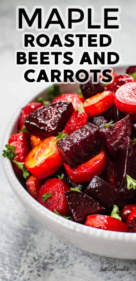 This maple roasted beets and carrots recipe is an easy, colorful, and healthy side dish. It's the best side dish for your holiday table and uses simple everyday ingredients! Roasted Beets Recipe Balsamic Vinegar, Easy Roasted Beets Recipe, Beets For Thanksgiving, Maple Roasted Beets And Carrots, Maple Roasted Beets, Roasted Beets And Carrots Oven, Best Roasted Beets, Canned Beets Recipe Side Dishes, Air Fryer Beets And Carrots