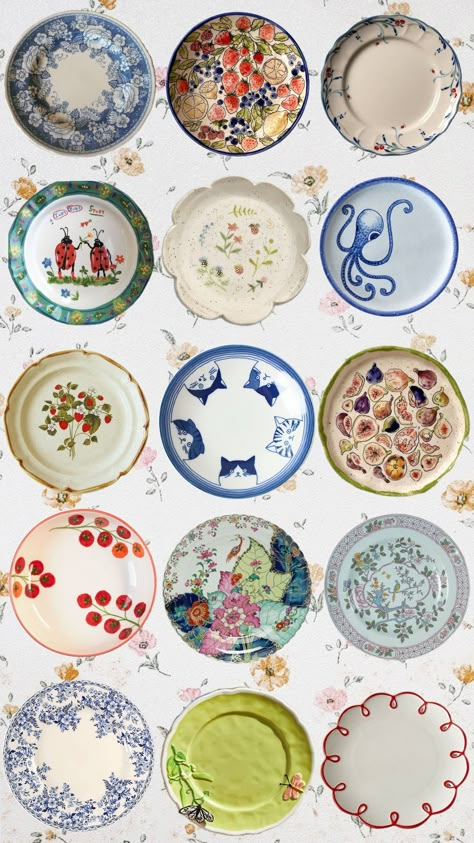 #plates #plate #platewall #inspo #collection #collage Hanging Plates On The Wall Ideas, Mismatch Plates, Thrifted Plates, Eclectic Plates, Cute Plates, Whimsical Plates, Plate Collage, Mismatched Plates, Pinterest Contest