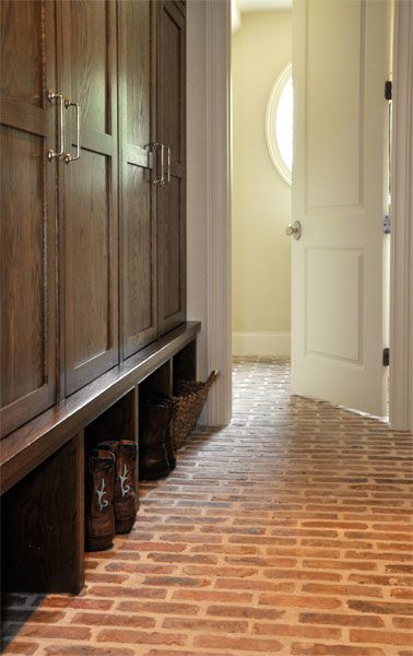 Brick Floors Mudroom, Mudroom Paint, Built In Cubbies, Country Laundry Rooms, Brick Floors, Built In Lockers, Mudroom Cabinets, Chicago Brick, Mud Room Entry