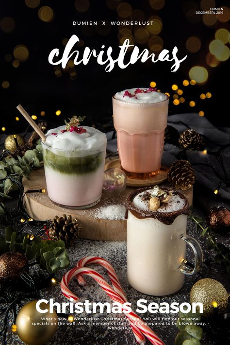 Coffee Christmas Photography, Christmas Food Photography Ideas, Christmas Food Design, Food Christmas Photography, Christmas Coffee Shop Decor, Christmas Drinks Coffee, Christmas Cafe Food, Christmas Coffee Ideas, Christmas Coffee Shop Decorations