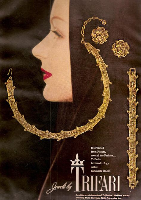 Trifari Golden Bark Ad 1955 Tree Trunk Pattern, Jewellery Advertising, Trifari Jewelry, Best Friend Jewelry, Jewelry Ads, Vintage Trifari, Mid Century Jewelry, Fine Jewels, Vintage Jewels