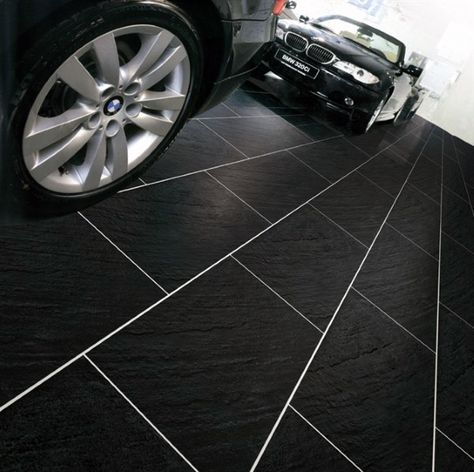 Black Tile With White Grout Mens Home Garage Garage Flooring Ideas, Paint Tiles, Garage Boden, Garage Tile, White Grout, Man Garage, Garage Floor Paint, Garage Atelier, Garage Floors