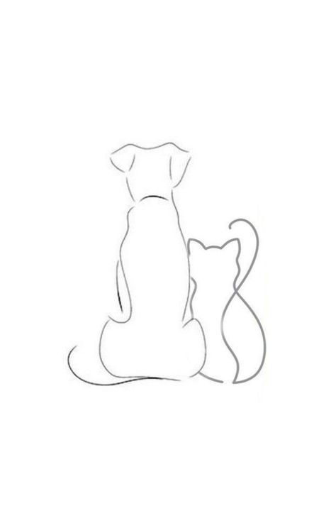 2 Dogs 1 Cat Tattoo, Two Cats One Dog Tattoo, Dog And Two Cats Tattoo, Cats And Dogs Tattoo Ideas, 2 Cats And A Dog Tattoo, Dog And Cat Line Art, Fine Line Labrador Tattoo, Dog And Cat Tattoos, One Line Dog Tattoo