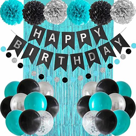 White Birthday Balloons, Teal Party Decorations, Blue Birthday Decorations, 100th Birthday Party Decorations, Silver Happy Birthday, Teal Party, Turquoise Party, Silver Party Decorations, Black Party Decorations