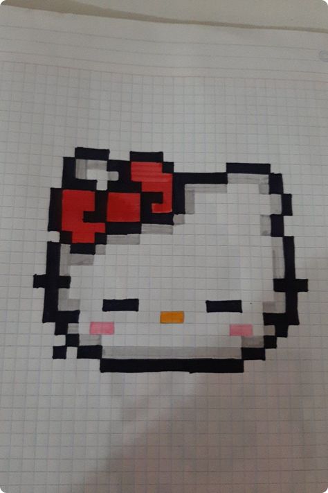 Draw With Squares, Hello Kitty Square Drawing, Drawings In Squares, Hello Kitty Pop Art, Squared Paper Art, Pixel Hello Kitty Art, Drawings On Square Paper, Drawing On Square Paper, Pixel Paper Art