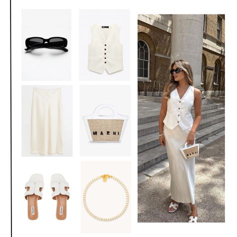 White Cat Eye Sunglasses Outfit, Cream Midi Skirt Outfit Summer, Cream Silk Skirt Outfit Summer, White Bag Outfit Summer, Skirt With Waistcoat, Cream Waistcoat Outfit, White Silk Maxi Skirt Outfit, White Satin Skirt Outfit Summer, Silk Skirt Summer Outfit