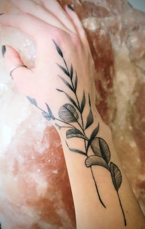 Eucalyptus Tattoo, Capricorn Tattoo, Lily Tattoo, Eucalyptus Leaves, Tattoo Inspo, Shoulder Tattoo, Leaf Tattoos, Arm Tattoo, Flower Tattoo