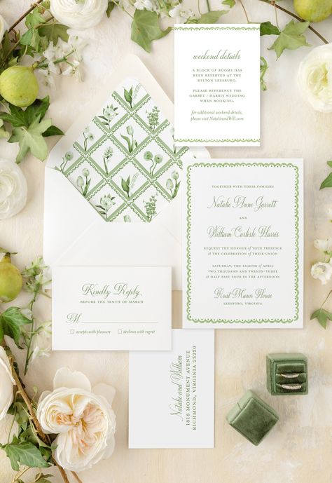 Green And Gold Summer Wedding, Green And White Wedding Color Palette, Sage Green Coastal Wedding, Green Wedding Invitation Suite, Palm Beach Wedding Invitations, Green Toile Wedding, Garden Party Wedding Invite, Green Wedding Accents, Die Cut Wedding Invitations