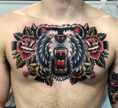 🌹 N I C H O L A S 🌹 on Instagram: “Finished up this chest piece i started a while back. Really stoked to get to try my hand at larger projects. Hit me up for more of this…” Chest Tattoo Traditional, Men Chest Tattoo, Traditional Bear Tattoo, Lion Chest Tattoo, Traditional Chest Tattoo, Full Chest Tattoos, Tato Dada, Traditional Style Tattoo, Dibujos Tattoo