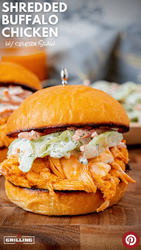 shredded buffalo chicken sandwich with celery slaw Celery Slaw, Buffalo Chicken Burgers, Shredded Chicken Sandwiches, Shredded Buffalo Chicken, Pulled Chicken Sandwiches, Buffalo Chicken Sandwiches, Easy Grilling Recipes, Food Blogging, Chicken Sandwiches